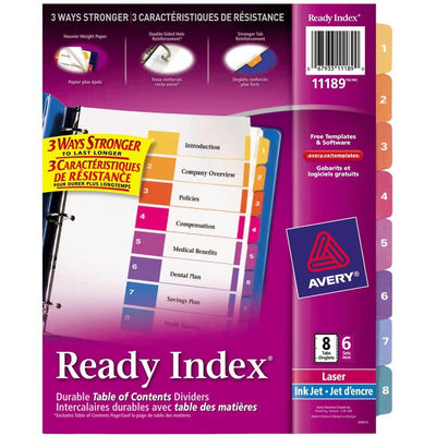 Avery&reg; Ready Index&reg; Table of Content Dividersfor Laser and Inkjet Printers, 8 tabs, 6 sets (AVE11189)