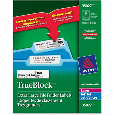 Avery&reg; Extra Large Filing Labelswith TrueBlock&trade; Technology for Laser and Inkjet Printers, 3-7/16" x 15/16" , White (AVE35027)