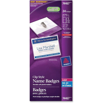 Avery&reg; Garment Friendly Clip Style Name Badge Kitfor Laser and Inkjet Printers, 4" x 3" (AVE74467)