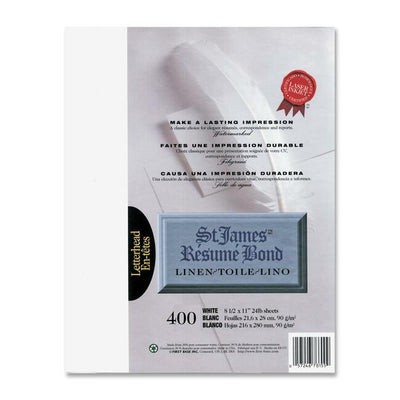 St. James&reg; R&eacute;sum&eacute; Bond, Linen, 24 lb Letter-Size Paper, White, Pack of 400, 78155 (FST78155)
