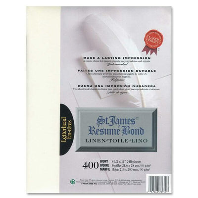 St. James&reg; R&eacute;sum&eacute; Bond, Linen, 24 lb Letter-Size Paper, Ivory, Pack of 400, 78156 (FST78156)