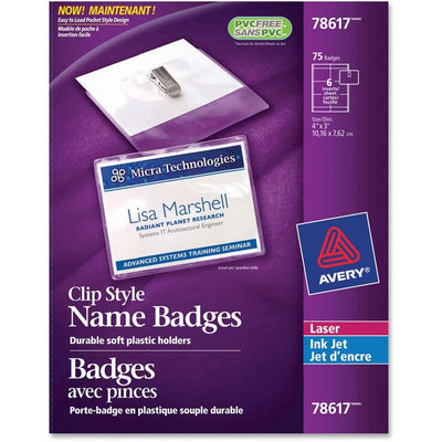 Avery&reg; Garment Friendly Clip Style Name Badge Kitfor Laser and Inkjet Printers, 4" x 3" (AVE78617)