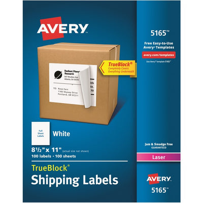 Avery&reg; White Rectangle Labels,TrueBlock&reg;, 8-1/2" x 11" , for Laser and Inkjet Printers (AVE05165)