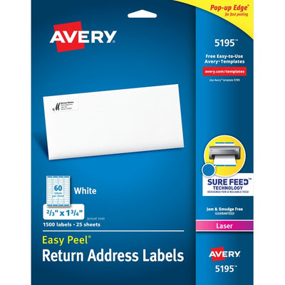 Avery&reg; White Rectangle Labels with Sure Feed&trade; TechnologyEasy Peel&reg;, 2/3" x 1-3/4" , for Laser and Inkjet Printers (AVE05195)