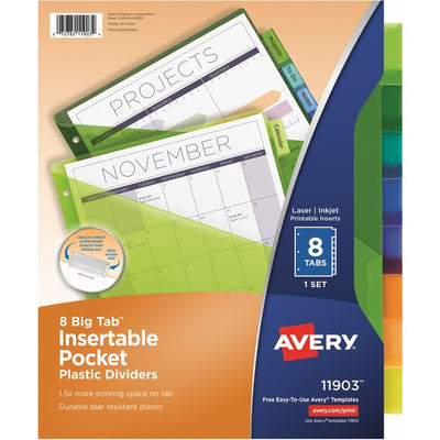 Avery&reg; Big Tab&trade; Insertable Plastic Dividers with Pocketsfor Laser and Inkjet Printers, 9-1/4" x 11-1/8" , 8 tabs, 1 set (AVE11903)