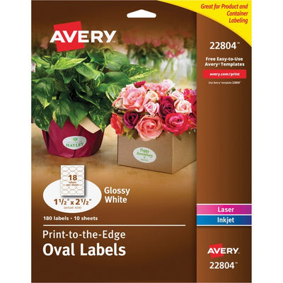 Avery&reg; Glossy White Oval Labels1-1/2" x 2-1/2" , Permanent Adhesive, for Laser and Inkjet Printers (AVE22804)