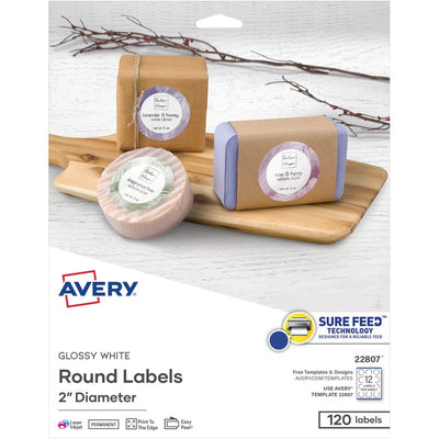 WHITE ROUND GLOSSY LABEL 2" CARD (AVE22807)