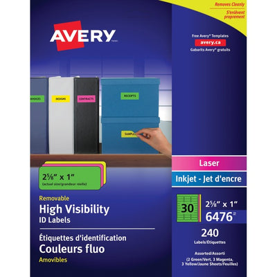 Avery&reg; High Visibility Removable ID Labelsfor Laser and Inkjet Printers, 2-5/8" x 1" (AVE06476)
