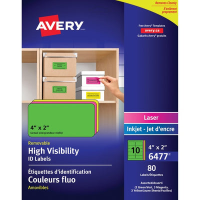 Avery&reg; High Visibility Removable ID Labelsfor Laser and Inkjet Printers, 4" x 2" (AVE06477)