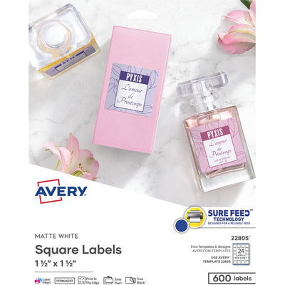 Avery&reg; Matte White Square Labels1-1/2" x 1-1/2" , Permanent Adhesive, for Laser and Inkjet Printers (AVE22805)