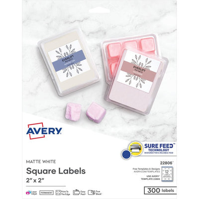 Avery&reg; Matte White Square Labels 2" x 2" , Permanent Adhesive, for Laser and Inkjet Printers (AVE22806)