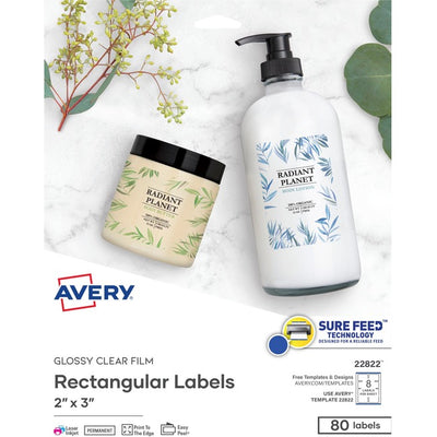 Avery&reg; Glossy Clear Rectangle Labels 2" x 3" , Permanent Adhesive, for Laser and Inkjet Printers (AVE22822)