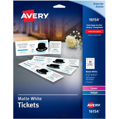 Avery&reg; Event Tickets with Tear-Away Stubsfor Laser and Inkjet Printers, 1-3/4" x 5-1/2" (AVE16154)