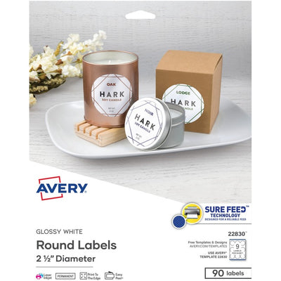 Avery&reg; Glossy White Round Labels 2-1/2" , Diameter, Permanent Adhesive, for Laser and Inkjet Printers (AVE22830)