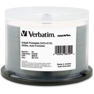 Verbatim DataLifePlus DVD Recordable Media - DVD+R DL - 8x - 8.50 GB - 50 / Pack - White (VER98319)