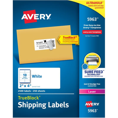 Avery&reg; White Rectangle Labels with Sure Feed&trade; TechnologyTrueBlock&reg;, 2" x 4" , for Laser and Inkjet Printers (AVE05963)