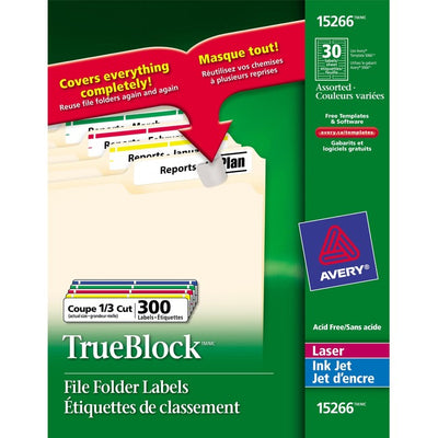 Avery&reg; Filing Labelswith TrueBlock&trade; Technology for Laser and Inkjet Printers, 2/3" x 3-7/16" , Assorted Colours, 300/pk (AVE15266)