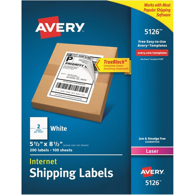 Avery&reg; White Rectangle LabelsTrueBlock&reg;, 8-1/2" x 5-1/2" , for Laser and Inkjet Printers (AVE05126)