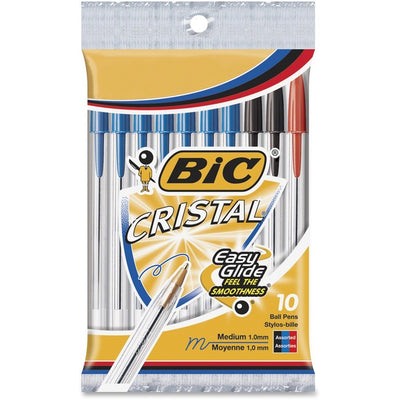 BIC Cristal Orginal Ballpoint Pen, Medium Point (1.0mm), With Tungsten Carbide Ball For Smooth Flow, Assorted Colours, 10-Count (BICMSP101AST)