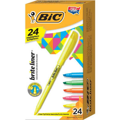 BIC Brite Liner Highlighters, Chisel Tip, 24-Count Pack of Highlighters Assorted colours, Ideal Highlighter Set for Organizing and colouring (BICBL241-AST)
