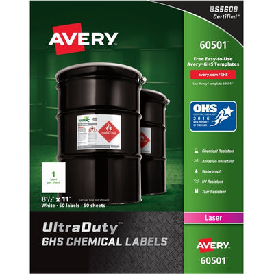 Avery&reg; UltraDuty&trade; GHS Chemical Labels 8-1/2" x 11" , for Laser Printers (AVE60501)