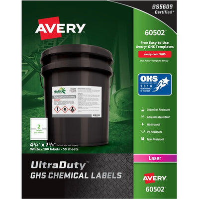 Avery&reg; UltraDuty&trade; GHS Chemical Labels 4-3/4" x 7-3/4" , Permanent Adhesive, for Laser Printers (AVE60502)