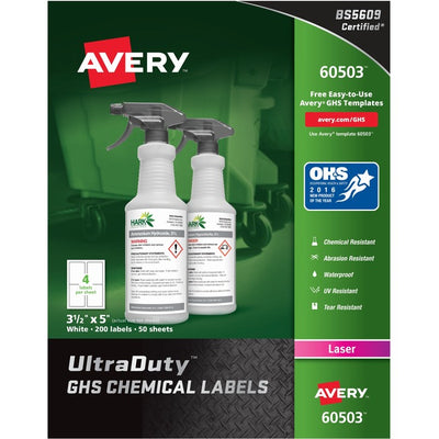 Avery&reg; UltraDuty&trade; GHS Chemical Labels 3-1/2" x 5" , for Laser Printers (AVE60503)