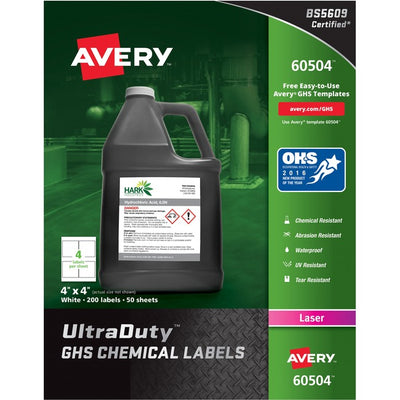 Avery&reg; UltraDuty&trade; GHS Chemical Labels4" x 4" , Permanent Adhesive, for Laser Printers (AVE60504)