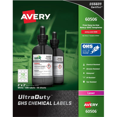 Avery&reg; UltraDuty&trade; GHS Chemical Labels2" x 2" , Permanent Adhesive, for Laser Printers (AVE60506)