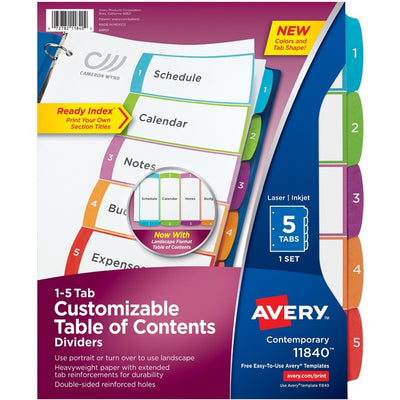 Avery&reg; Ready Index&reg; Customizable Table of Contents Dividersfor Laser and Inkjet Printers, 5 tabs, 1 set (AVE11840)
