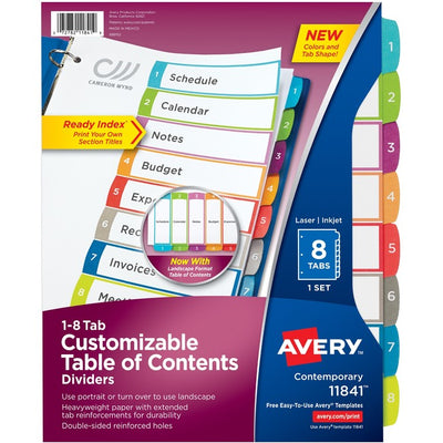 Avery&reg; Ready Index&reg; Customizable Table of Contents Dividersfor Laser and Inkjet Printers, 8 tabs, 1 set (AVE11841)