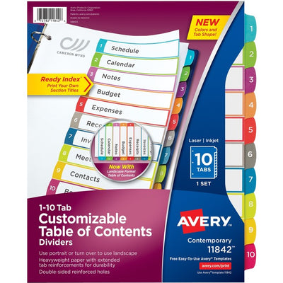 Avery&reg; Ready Index&reg; Customizable Table of Contents Dividersfor Laser and Inkjet Printers, 10 tabs, 1 set (AVE11842)