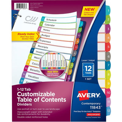 Avery&reg; Ready Index&reg; Customizable Table of Contents Dividersfor Laser and Inkjet Printers, 12 tabs, 1 set (AVE11843)