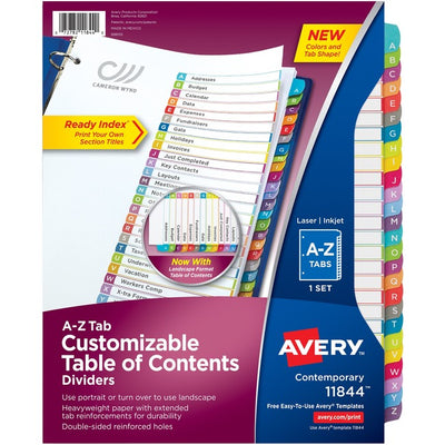 Avery&reg; Ready Index&reg; Customizable Table of Contents Dividersfor Laser and Inkjet Printers, A-Z tabs, 1 set (AVE11844)