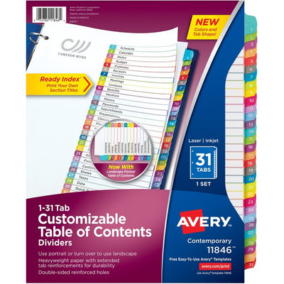 Avery&reg; Ready Index&reg; Customizable Table of Contents Dividersfor Laser and Inkjet Printers, 31 tabs, 1set (AVE11846)