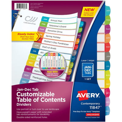 Avery&reg; Ready Index&reg; Customizable Table of Contents Dividersfor Laser and Inkjet Printers, Jan-Dec tabs, 1 set (AVE11847)