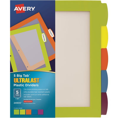 Avery&reg; Big Tab&trade; UltraLast&trade; Plastic Dividers for Laser and Inkjet Printers, 5 tabs (AVE24900)
