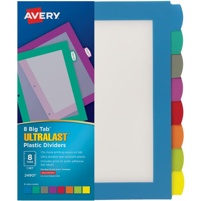 Avery&reg; Big Tab&trade; UltraLast&trade; Plastic Dividers for Laser and Inkjet Printers, 8 tabs (AVE24901)