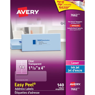 Avery&reg; Rectangle Clear Labels with Easy Peel&reg; 1-1/3" x 4" , for Laser/Inkjet Printers (AVE7662)