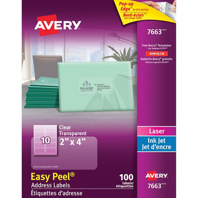 Avery&reg; Rectangle Clear Labels with Easy Peel&reg;2" x 4" , for Laser/Inkjet Printers (AVE7663)