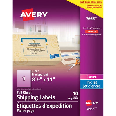 Avery&reg; Rectangle Clear Labels8-1/2" x 11" , for Laser/Inkjet Printers (AVE7665)