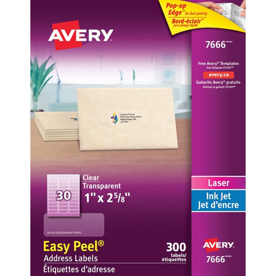 Avery&reg; Rectangle Clear Labels with Easy Peel&reg;1" x 2-5/8" , for Laser/Inkjet Printers (AVE7666)
