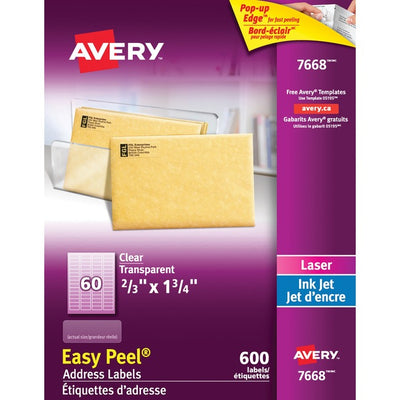 Avery&reg; Rectangle Clear Labels with Easy Peel&reg; 2/3" x 1-3/4" , for Laser/Inkjet Printers (AVE7668)