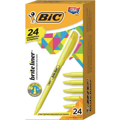 BIC Brite Liner Highlighter, Chisel Tip For Broad Highlighting & Fine Underlining, Yellow, 24-Count (BICBL241-YEL)