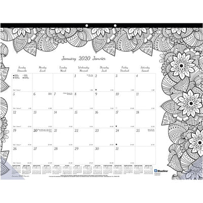 Blueline 2026 DoodlePlan 12-Month Monthly Colouring Desk Pad/Calendar - January to December - 22" x 17" - Botanica - Bilingual (BLIC2917311B)