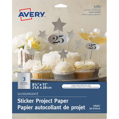 Avery&reg; Sticker Project Paper, Permanent Adhesive, Silver, 8-1/2" x 11" , 3 Labels (AVE04394)