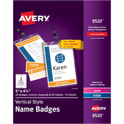 Avery&reg; Vertical Name Badges with Tickets Kit for Laser and Inkjet Printers, 4-1/4" x 6" (AVE8520)