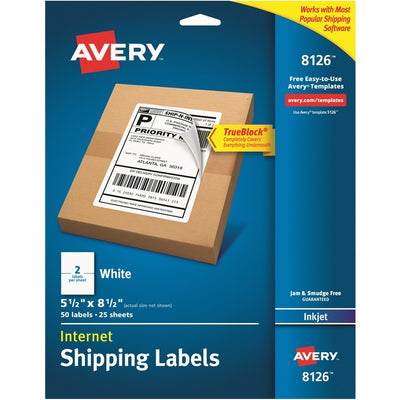 Avery&reg; White Rectangle LabelsTrueBlock&reg;, 8-1/2" x 5-1/2" , for Laser and Inkjet Printers (AVE08126)
