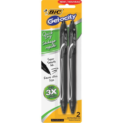 BIC Gel-ocity Quick Dry Black Gel Pens, Medium Point (0.7mm), 2-Count Pack, Retractable Gel Pens With Comfortable Full Grip (BIC428607)