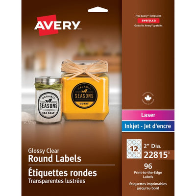 Avery&reg; Glossy Clear Round Labels 2" Diameter, Permanent Adhesive, for Laser and Inkjet Printers (AVE22815)